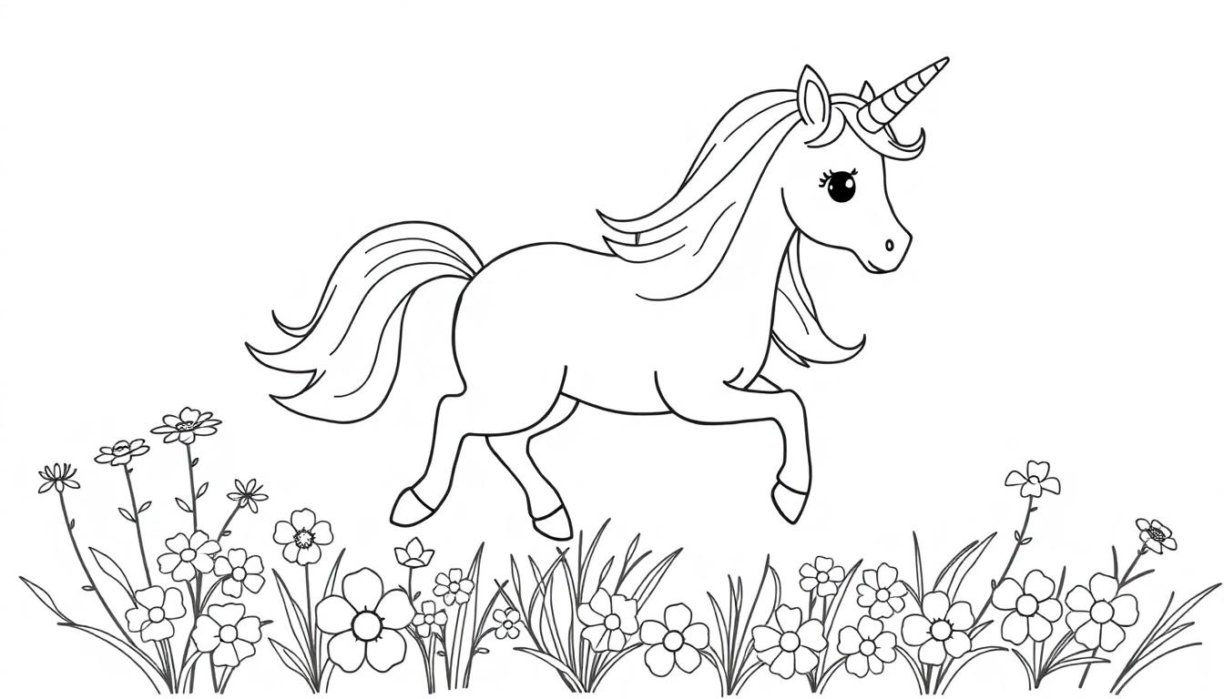Eine Farbtafel-Zeichnung eines niedlichen Einhorns mit einem Regenbogen im Haar, das durch Blumen rennt.