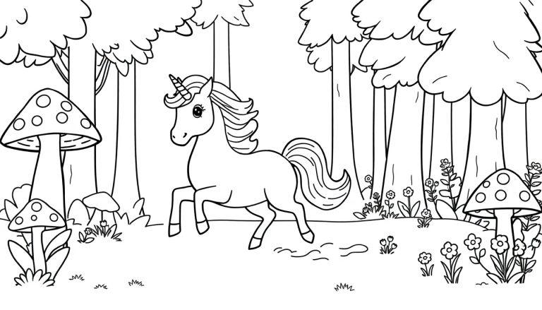 Farbtafel: Ein niedliches Einhorn galoppiert durch einen Zauberwald, bereit zum Ausmalen.