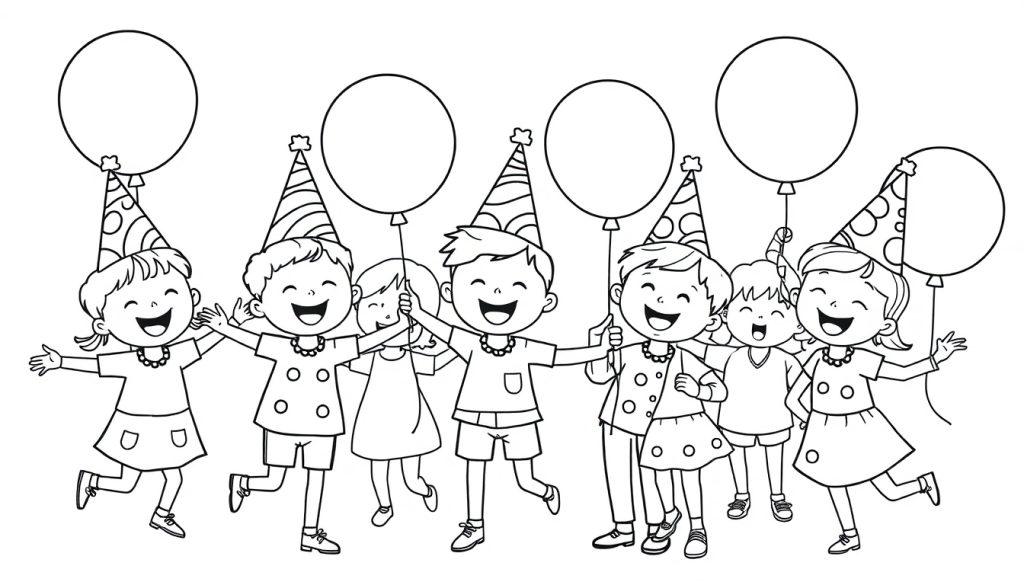 Farbtafel: Fröhliche Kinder feiern mit Partyhüten und bunten Luftballons.