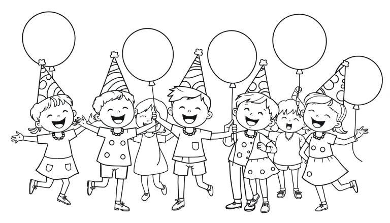Farbtafel: Fröhliche Kinder feiern mit Partyhüten und bunten Luftballons.