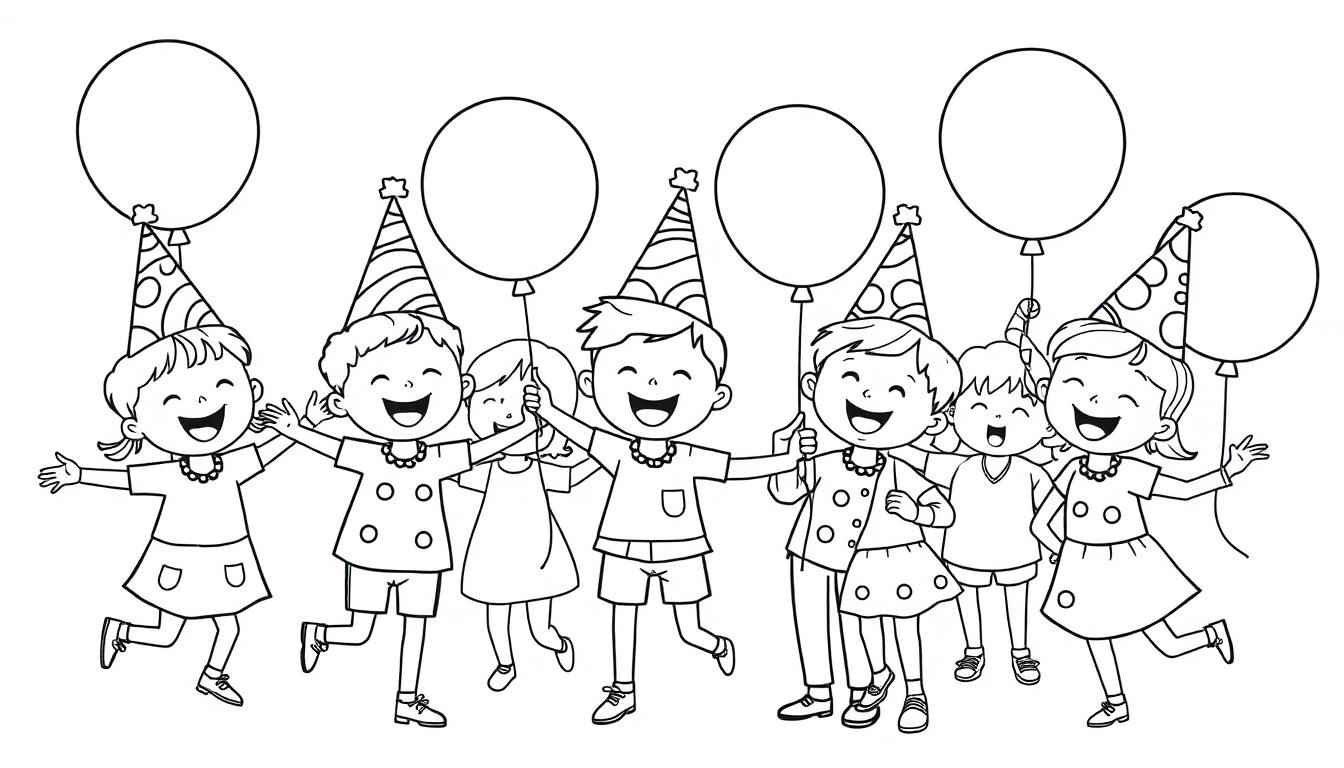Farbtafel: Fröhliche Kinder feiern mit Partyhüten und bunten Luftballons.