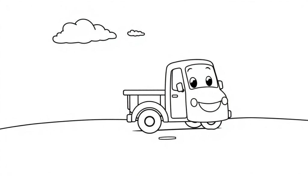 Ein freundlicher Cartoon-Truck fährt auf einer weißen Farbtafel-Fläche mit zwei Wolken oben links.