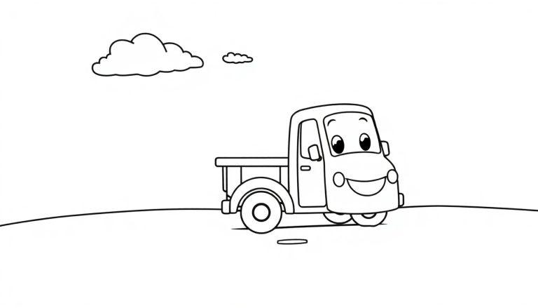 Ein freundlicher Cartoon-Truck fährt auf einer weißen Farbtafel-Fläche mit zwei Wolken oben links.