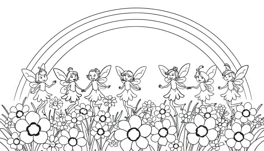 Eine Schwarz-Weiß-Illustration von Feen, die über einem Blumenfeld schweben, mit einem Regenbogen im Hintergrund.