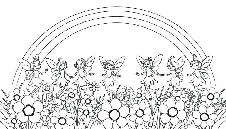 Eine Schwarz-Weiß-Illustration von Feen, die über einem Blumenfeld schweben, mit einem Regenbogen im Hintergrund.