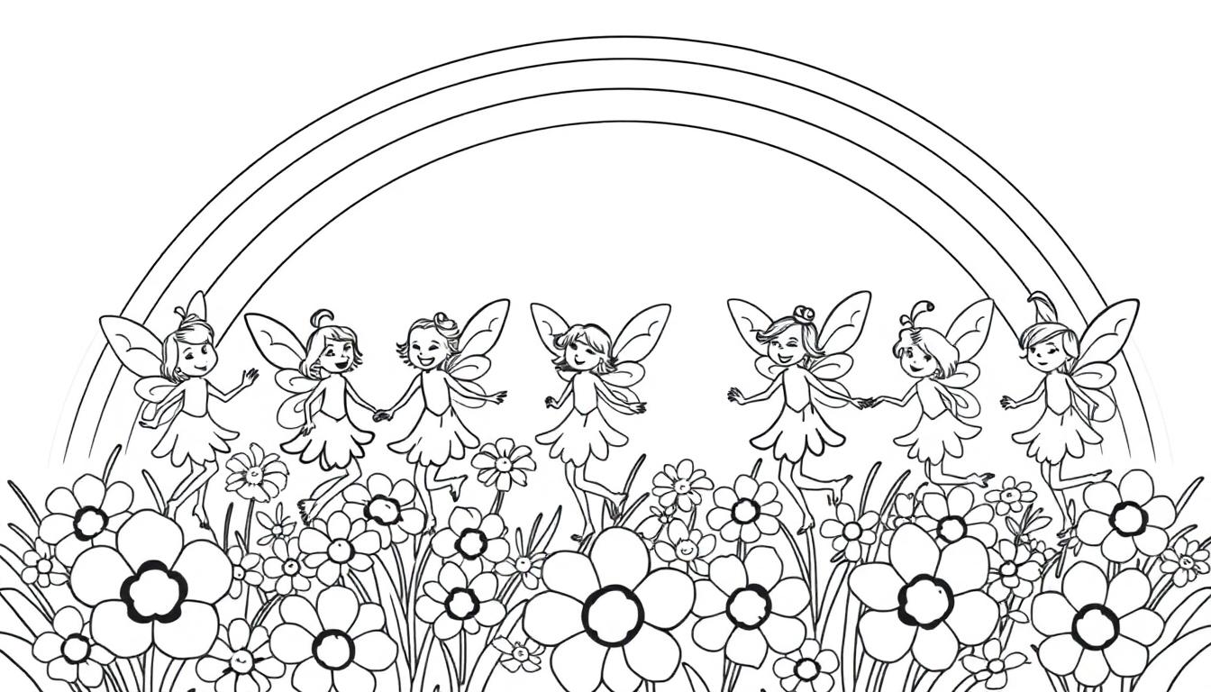 Eine Schwarz-Weiß-Illustration von Feen, die über einem Blumenfeld schweben, mit einem Regenbogen im Hintergrund.