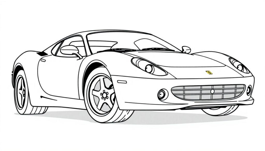 Eine schwarz-weiße Farbtafel eines Ferrari-Sportwagens, bereit zum Ausmalen.