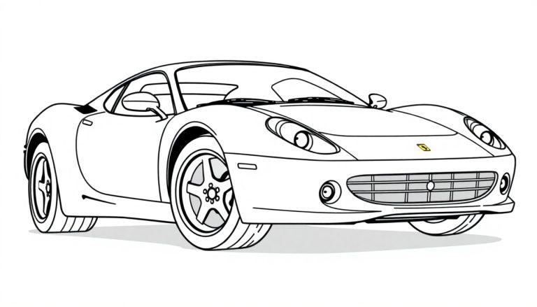 Eine schwarz-weiße Farbtafel eines Ferrari-Sportwagens, bereit zum Ausmalen.