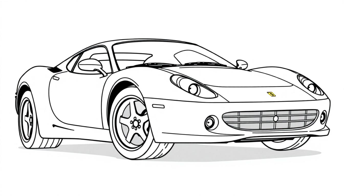 Eine schwarz-weiße Farbtafel eines Ferrari-Sportwagens, bereit zum Ausmalen.