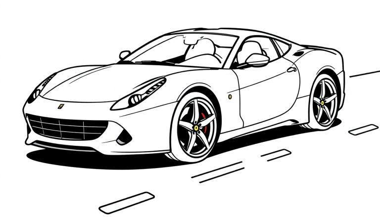 Eine Schwarz-Weiß-Farbtafel eines Ferrari-Sportwagens auf einer Straße.