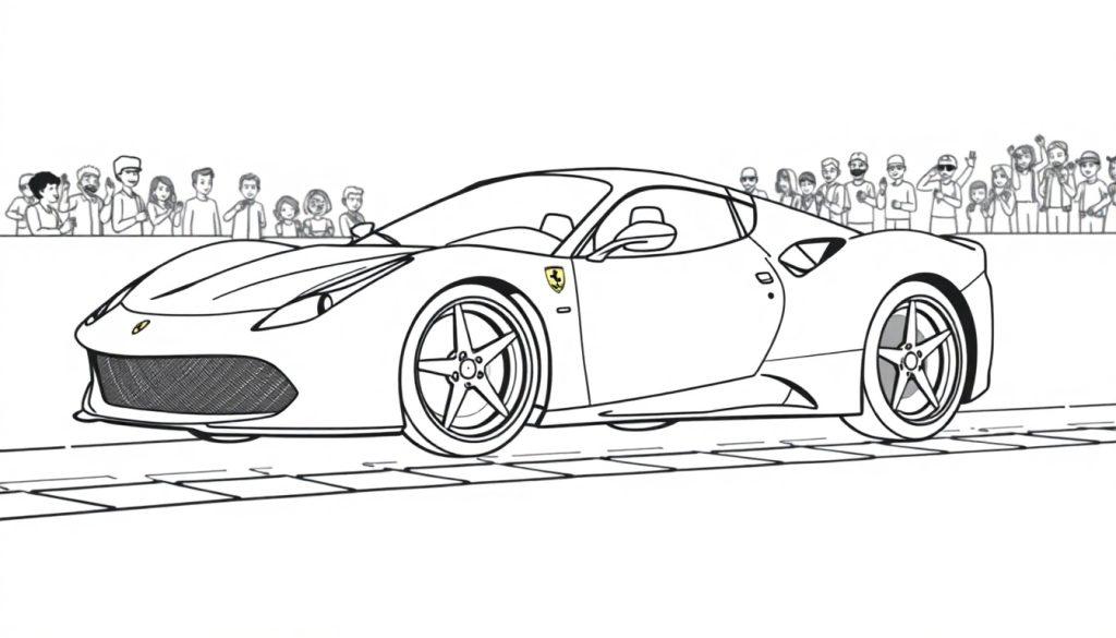 Eine schwarz-weiße Strichzeichnung eines Rennwagens, der wie ein Ferrari aussieht, mit dem Ferrari-Logo auf der Seite, vor einer Menge einfacher Strichmännchen, bereit als Farbtafel zum Ausmalen.