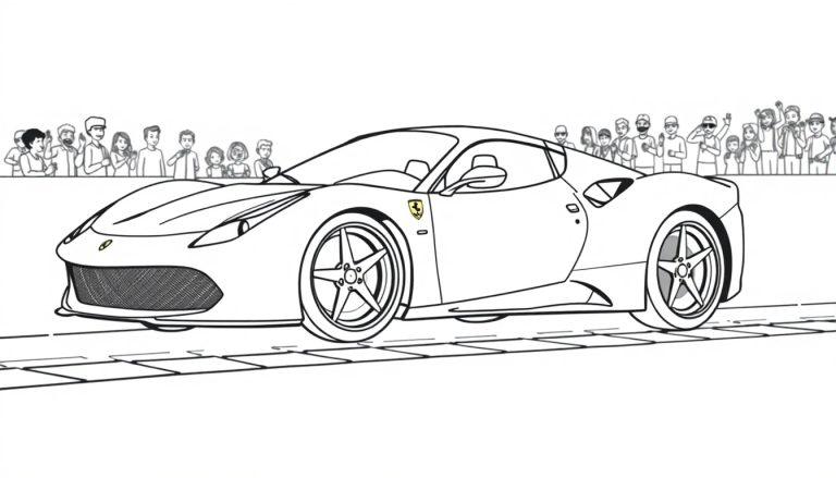 Eine schwarz-weiße Strichzeichnung eines Rennwagens, der wie ein Ferrari aussieht, mit dem Ferrari-Logo auf der Seite, vor einer Menge einfacher Strichmännchen, bereit als Farbtafel zum Ausmalen.