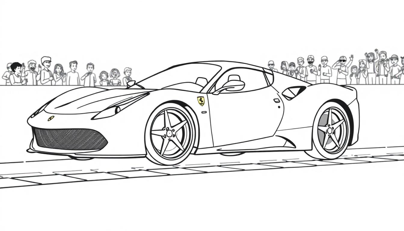 Eine schwarz-weiße Strichzeichnung eines Rennwagens, der wie ein Ferrari aussieht, mit dem Ferrari-Logo auf der Seite, vor einer Menge einfacher Strichmännchen, bereit als Farbtafel zum Ausmalen.