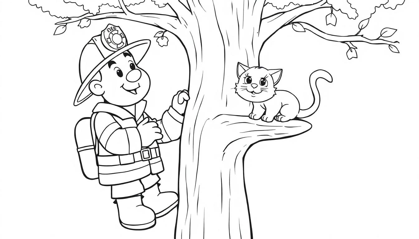 Schwarz-Weiß-Farbtafel-Zeichnung eines Feuerwehrmannes, der eine Katze von einem Baum rettet.