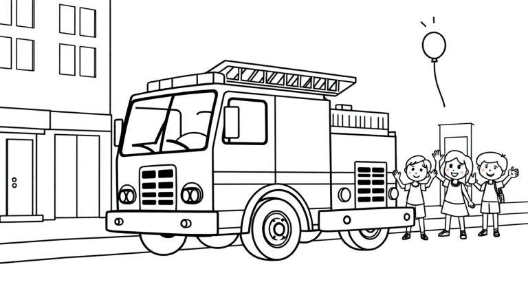 Schwarz-Weiß-Illustration eines Feuerwehrwagens mit winkenden Kindern, ein Ballon schwebt darüber. Alles zum Ausmalen, eine Farbtafel.