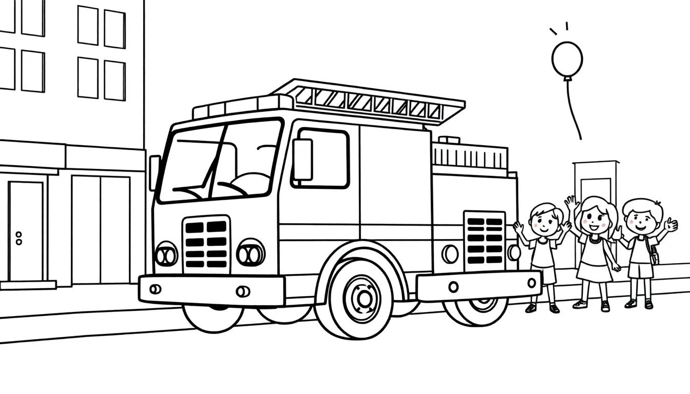 Schwarz-Weiß-Illustration eines Feuerwehrwagens mit winkenden Kindern, ein Ballon schwebt darüber. Alles zum Ausmalen, eine Farbtafel.