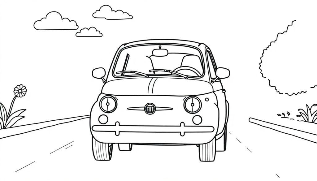 Schwarz-weiße Farbtafel eines kleinen Fiat 500 von vorne mit einer einfachen Landschaft im Hintergrund.
