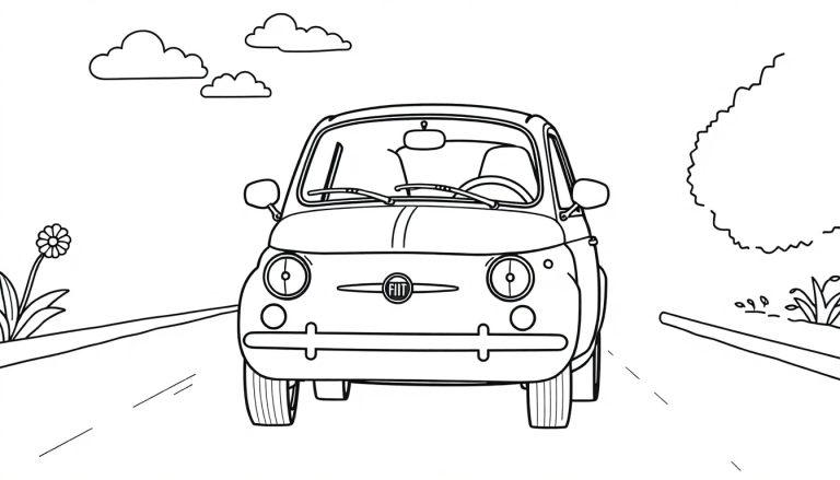 Schwarz-weiße Farbtafel eines kleinen Fiat 500 von vorne mit einer einfachen Landschaft im Hintergrund.