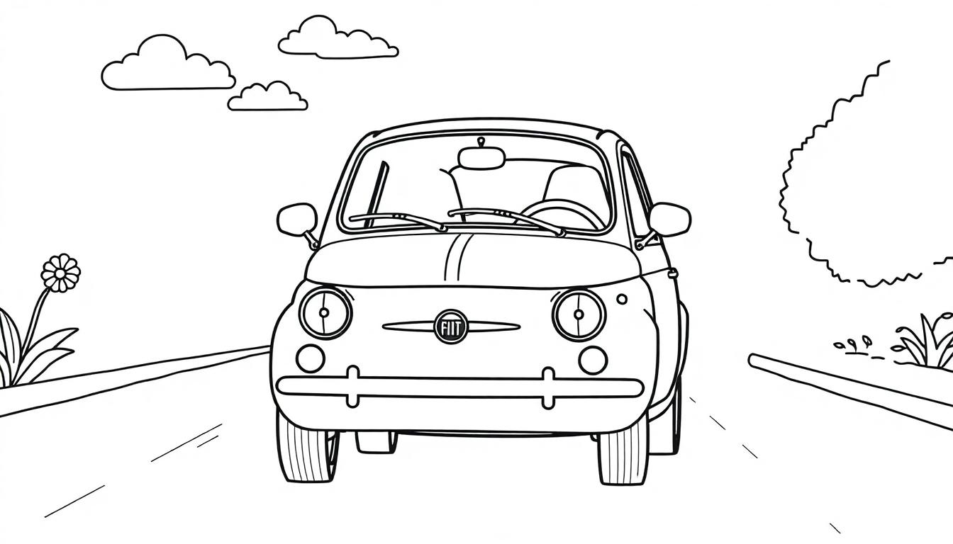 Schwarz-weiße Farbtafel eines kleinen Fiat 500 von vorne mit einer einfachen Landschaft im Hintergrund.