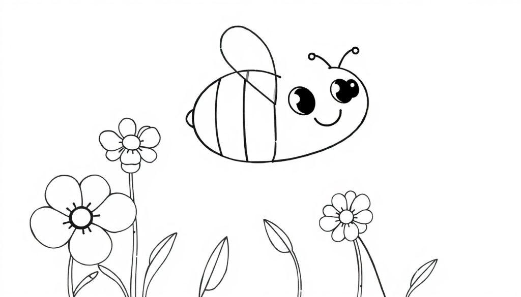 Eine fröhliche Schwarz-Weiß-Farbtafel einer Biene mit lächelndem Gesicht und Flügeln, die über bunten Blumen schwebt.