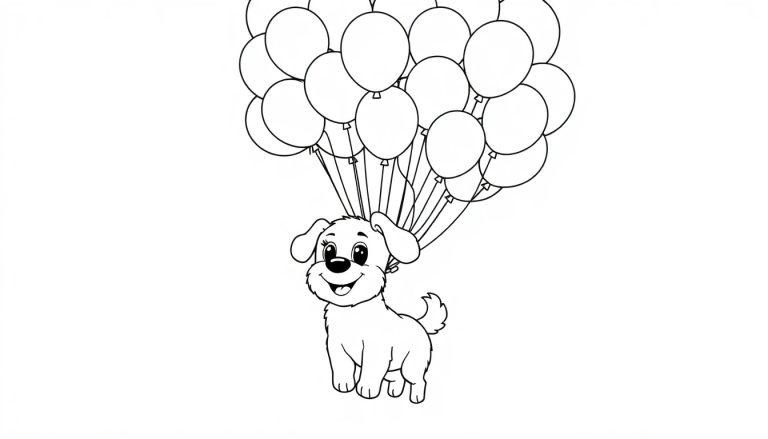 Eine Schwarz-Weiß-Farbtafel eines Cartoon-Hundes, der mit bunten Luftballons in den Himmel fliegt.