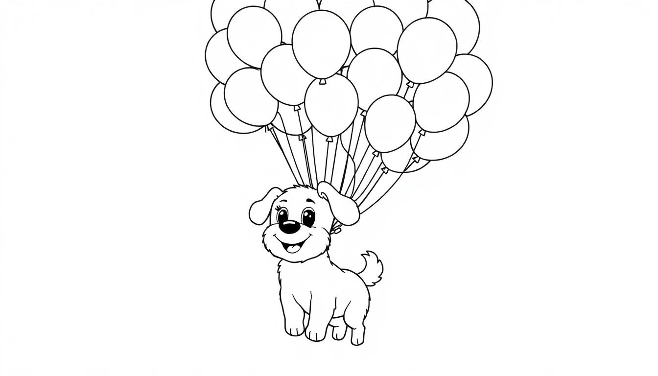 Eine Schwarz-Weiß-Farbtafel eines Cartoon-Hundes, der mit bunten Luftballons in den Himmel fliegt.
