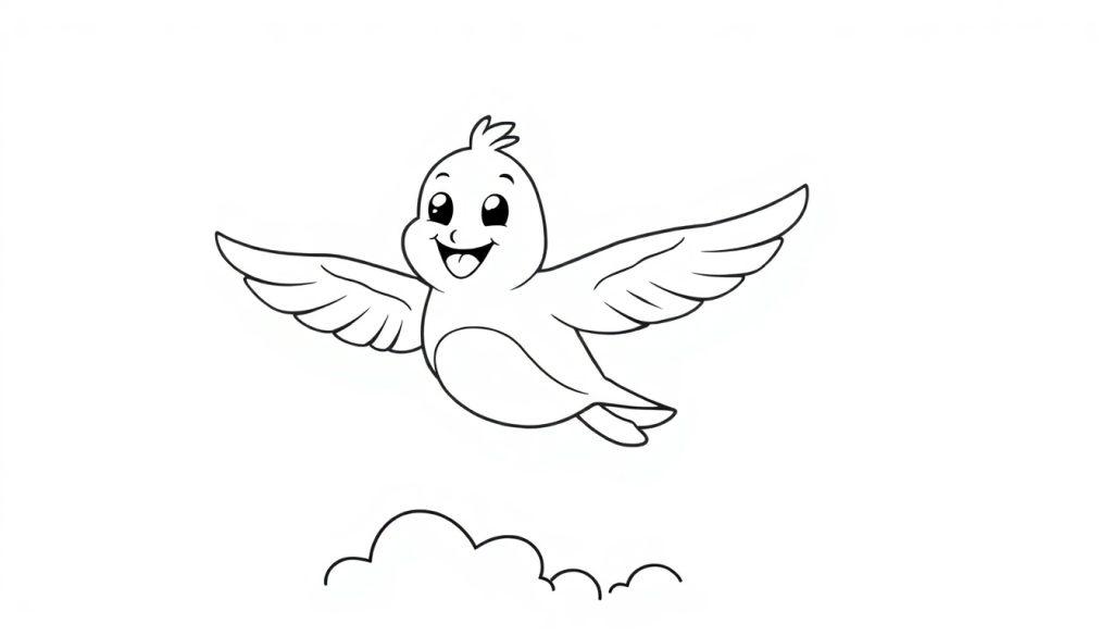 Ein fröhlicher Cartoon-Vogel fliegt auf einer Wolke, bereit zum Ausmalen.