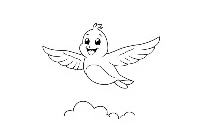 Ein fröhlicher Cartoon-Vogel fliegt auf einer Wolke, bereit zum Ausmalen.