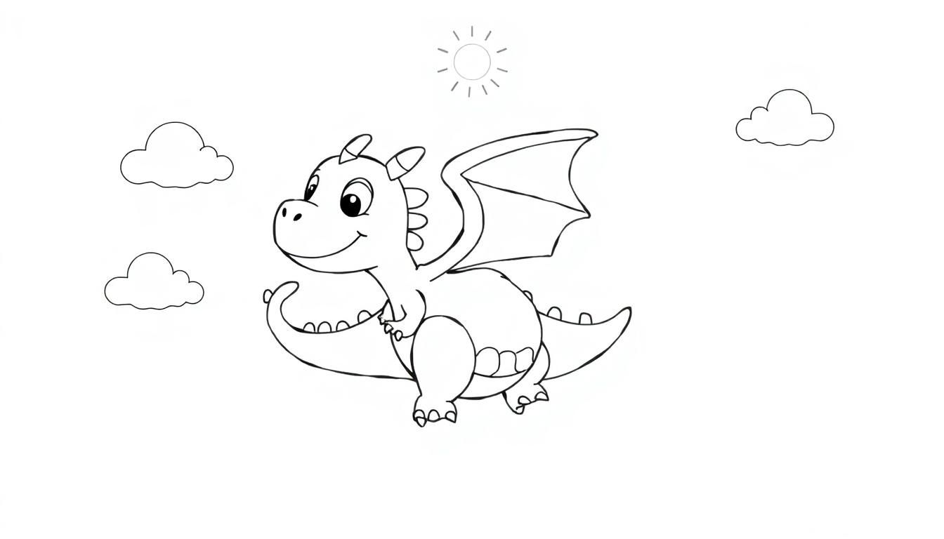 Ein freundlicher kleiner Drache lernt fliegen, eine Schwarz-weiß Farbtafel für Kinder.