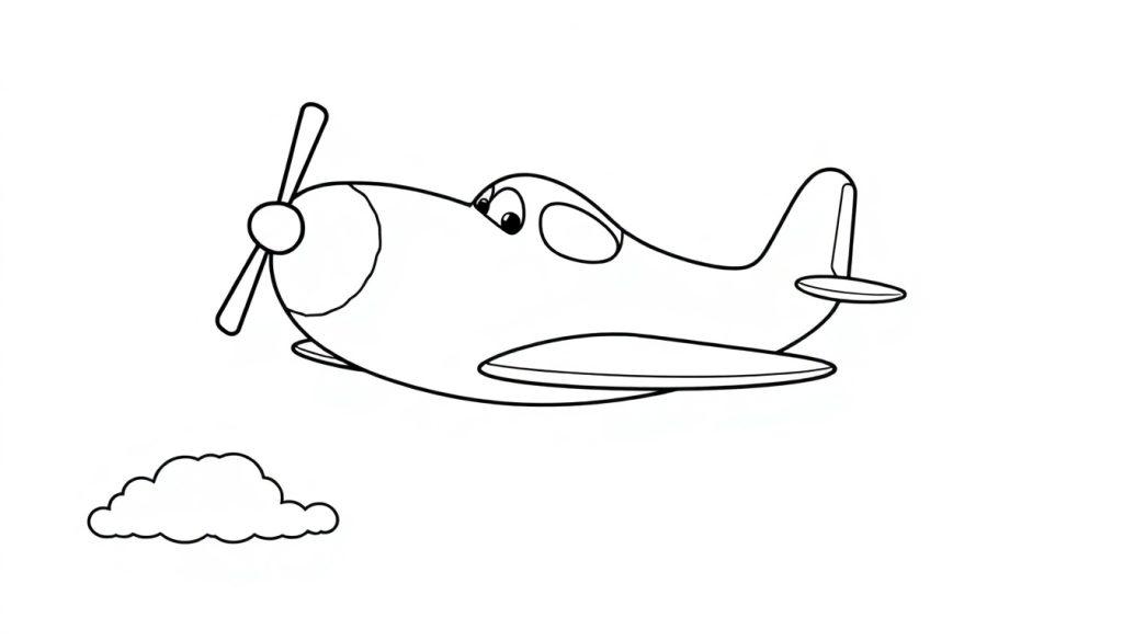 Schwarz-weiße Farbtafel eines Cartoon-Flugzeugs mit großen Augen, das über einer Wolke schwebt.