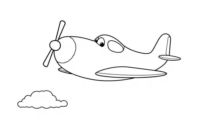 Schwarz-weiße Farbtafel eines Cartoon-Flugzeugs mit großen Augen, das über einer Wolke schwebt.