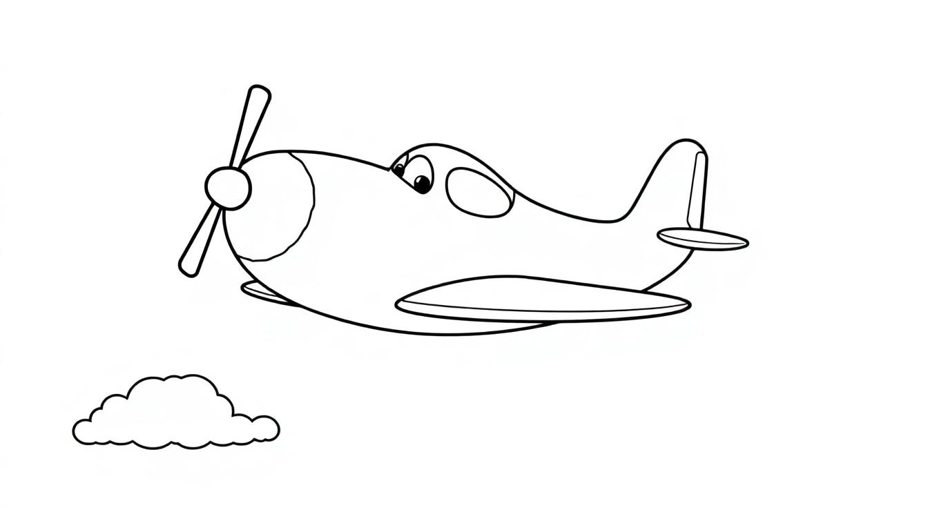 Schwarz-weiße Farbtafel eines Cartoon-Flugzeugs mit großen Augen, das über einer Wolke schwebt.