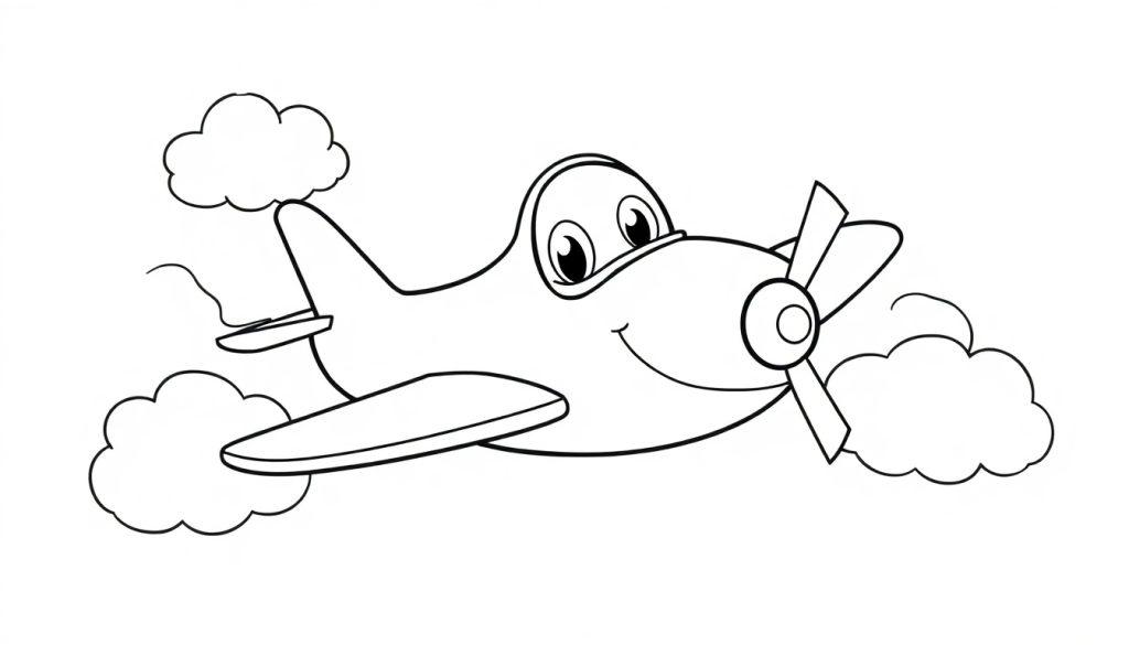 Eine Schwarzweiß-Farbtafel eines fröhlichen Cartoon-Flugzeugs mit einem Propeller, das durch gestrichelte Wolken fliegt.