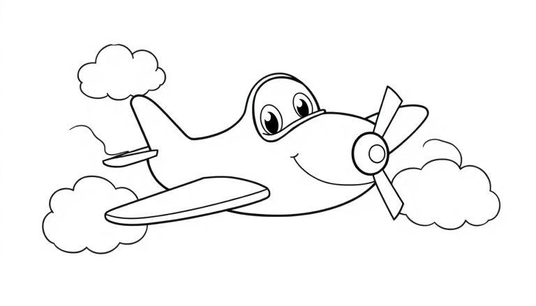 Eine Schwarzweiß-Farbtafel eines fröhlichen Cartoon-Flugzeugs mit einem Propeller, das durch gestrichelte Wolken fliegt.