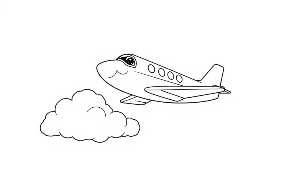 Schwarz-weiße Farbtafel: Ein freundliches Flugzeug fliegt über einer niedlichen Wolke.