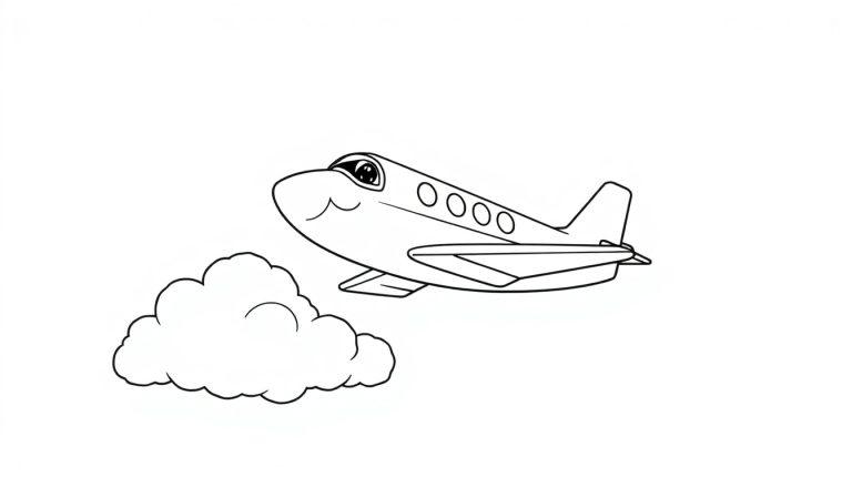 Schwarz-weiße Farbtafel: Ein freundliches Flugzeug fliegt über einer niedlichen Wolke.