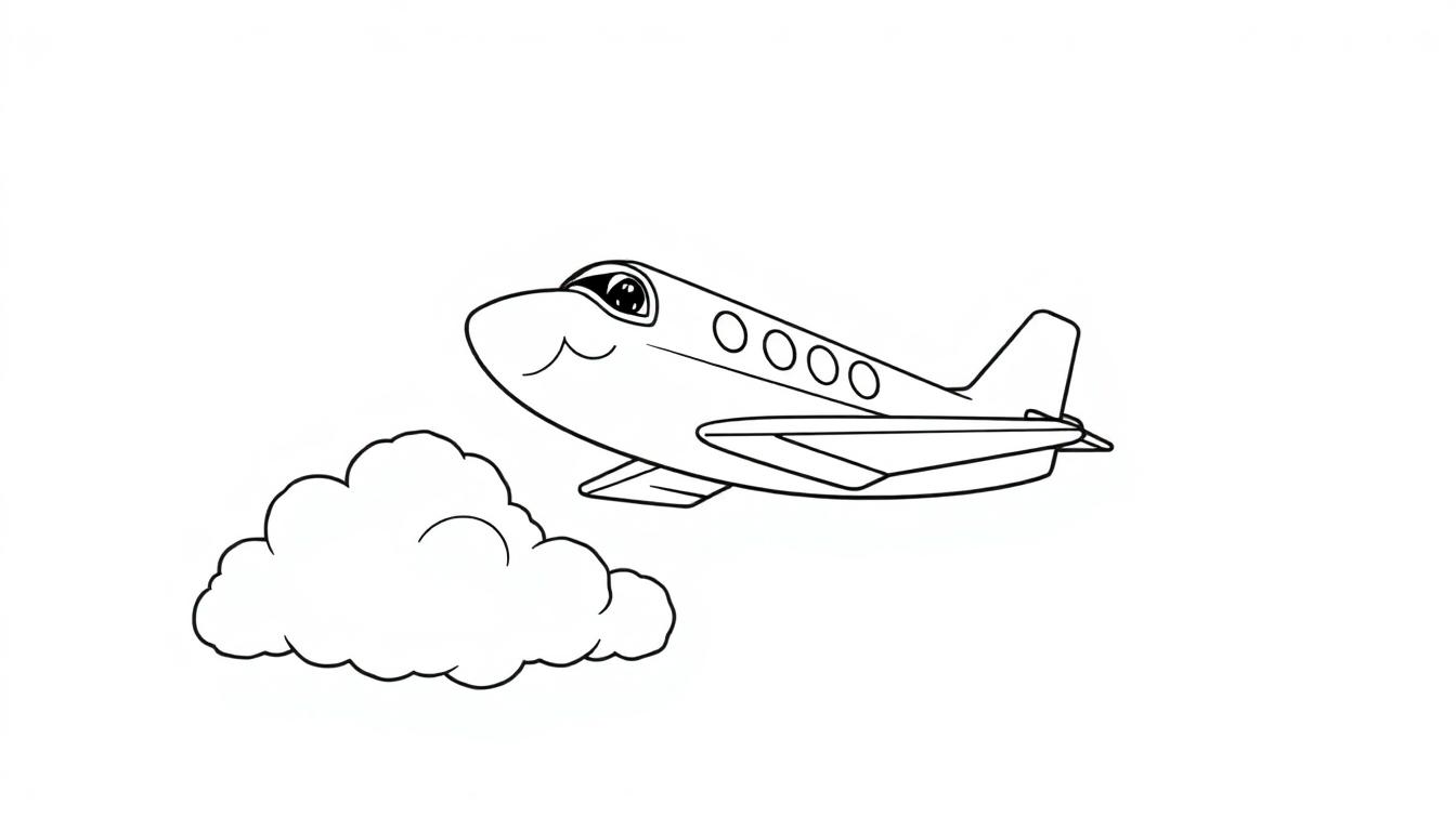 Schwarz-weiße Farbtafel: Ein freundliches Flugzeug fliegt über einer niedlichen Wolke.