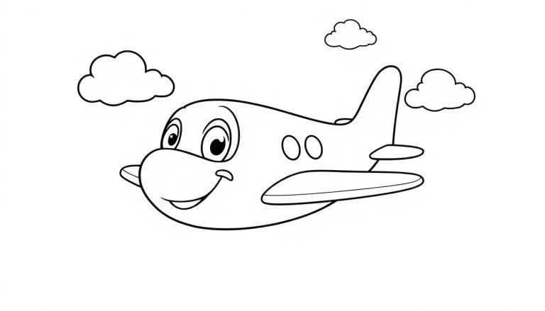 Schwarz-weiß Farbtafel-Zeichnung eines lächelnden Cartoon-Flugzeugs, das zwischen drei Wolken fliegt.