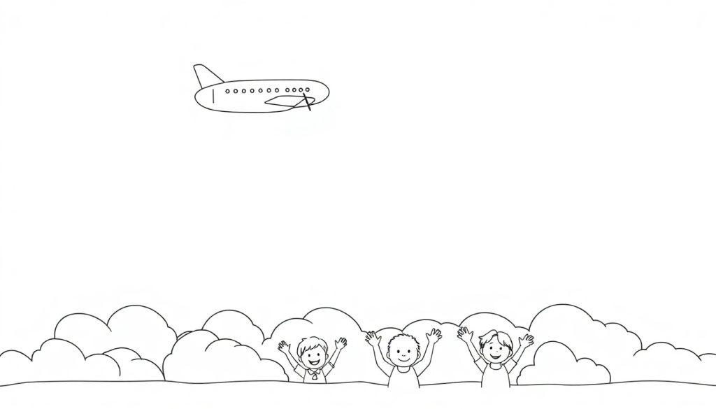 Schwarz-Weiß-Farbtafel: Ein freundliches Flugzeug fliegt über eine Reihe von Wolken, hinter denen Kinder stehen und winken.
