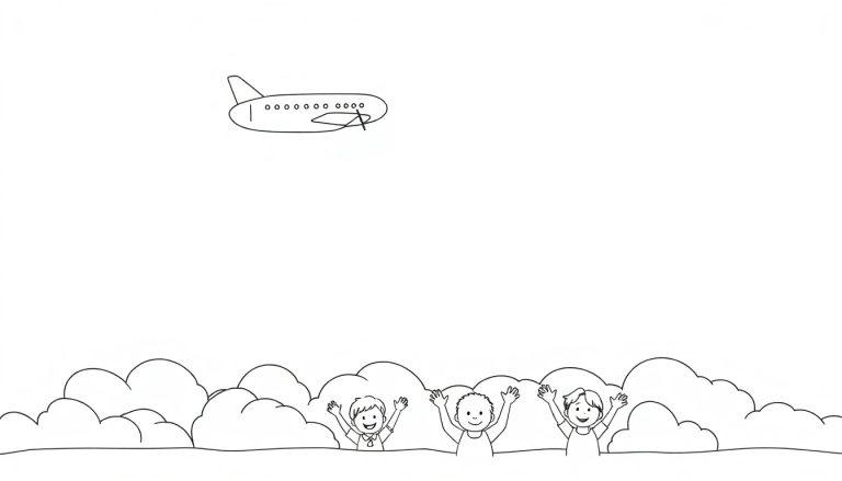 Schwarz-Weiß-Farbtafel: Ein freundliches Flugzeug fliegt über eine Reihe von Wolken, hinter denen Kinder stehen und winken.