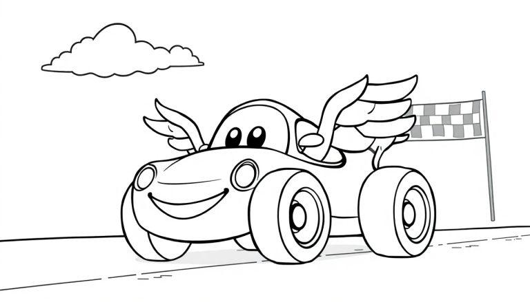 Ein süßer, schwarz-weißer Cartoon-Rennwagen mit Flügeln, der bereit zum Rennen ist, mit Zielflagge im Hintergrund, für eine Farbtafel.