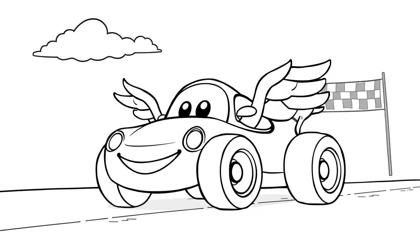 Ein süßer, schwarz-weißer Cartoon-Rennwagen mit Flügeln, der bereit zum Rennen ist, mit Zielflagge im Hintergrund, für eine Farbtafel.