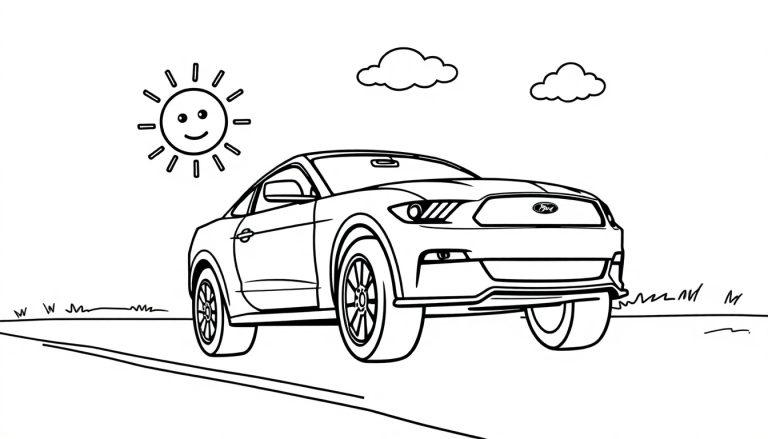 Schwarz-weiße Farbtafel eines Ford Mustang mit lachender Sonne und Wolken.