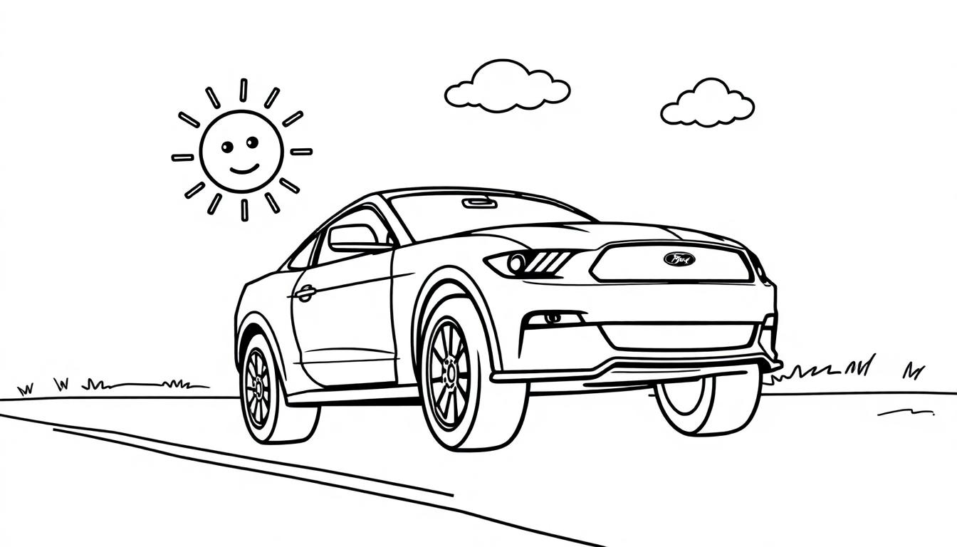 Schwarz-weiße Farbtafel eines Ford Mustang mit lachender Sonne und Wolken.