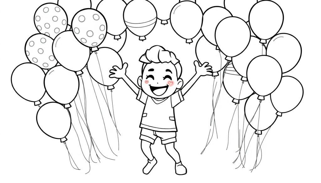 Eine schwarz-weiße Farbtafel eines fröhlichen Fortnite-Charakters, der mit vielen Luftballons tanzt.