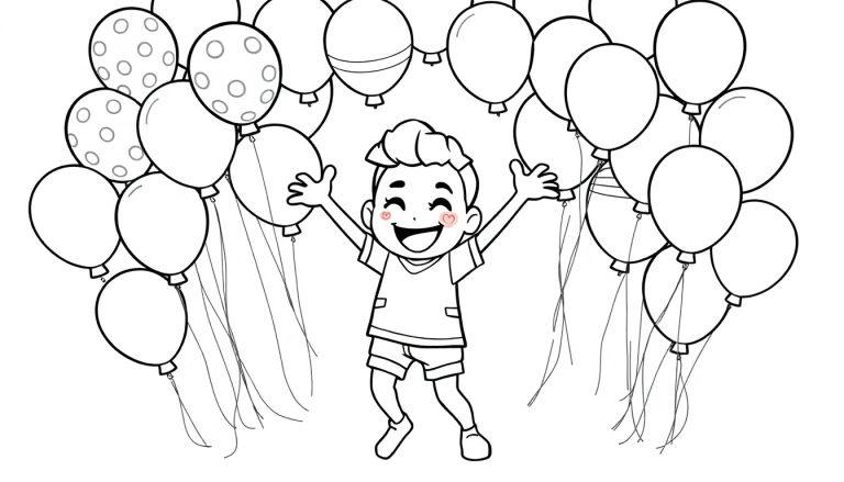 Eine schwarz-weiße Farbtafel eines fröhlichen Fortnite-Charakters, der mit vielen Luftballons tanzt.