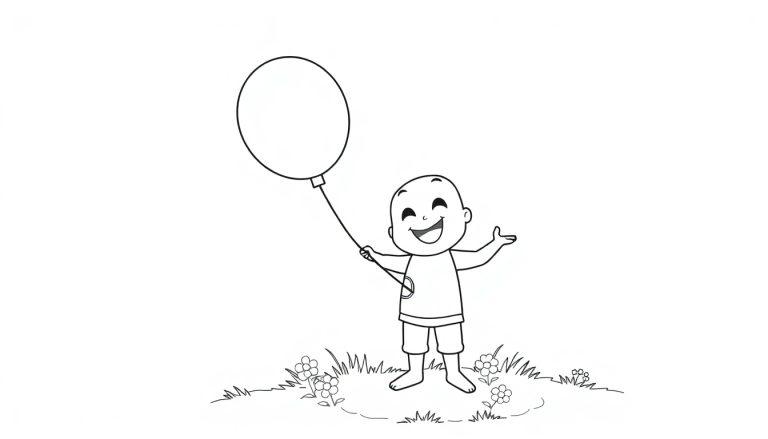 Schwarz-Weiß-Farbtafel-Umriss eines niedlichen Fortnite-Charakters, der einen bunten Ballon hält und lächelt, bereit zum Ausmalen.