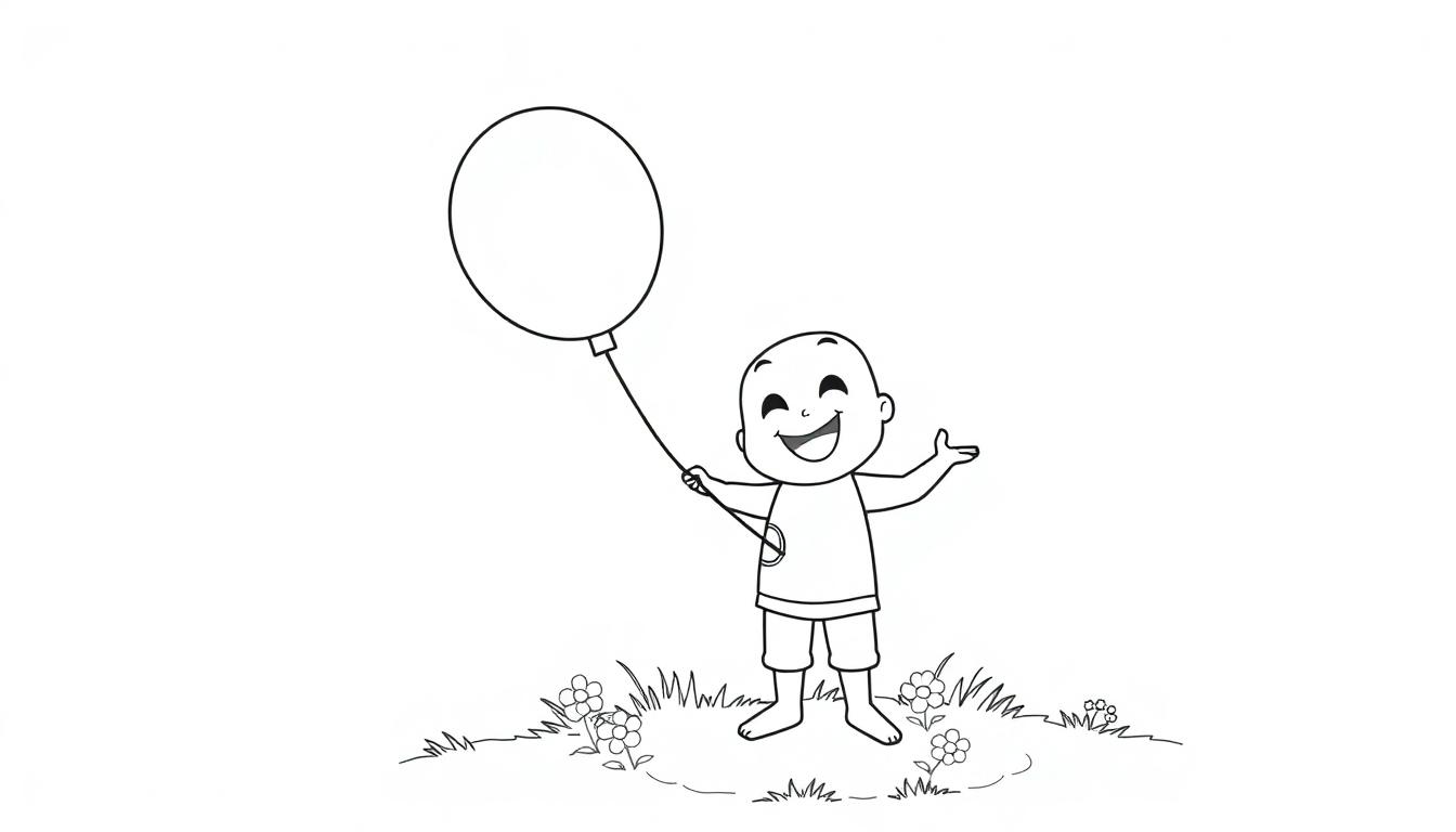 Schwarz-Weiß-Farbtafel-Umriss eines niedlichen Fortnite-Charakters, der einen bunten Ballon hält und lächelt, bereit zum Ausmalen.
