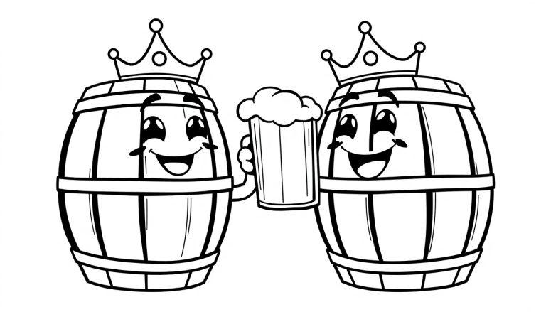 Zwei lachende Bierfässer mit Kronen stoßen mit Bierkrügen an.