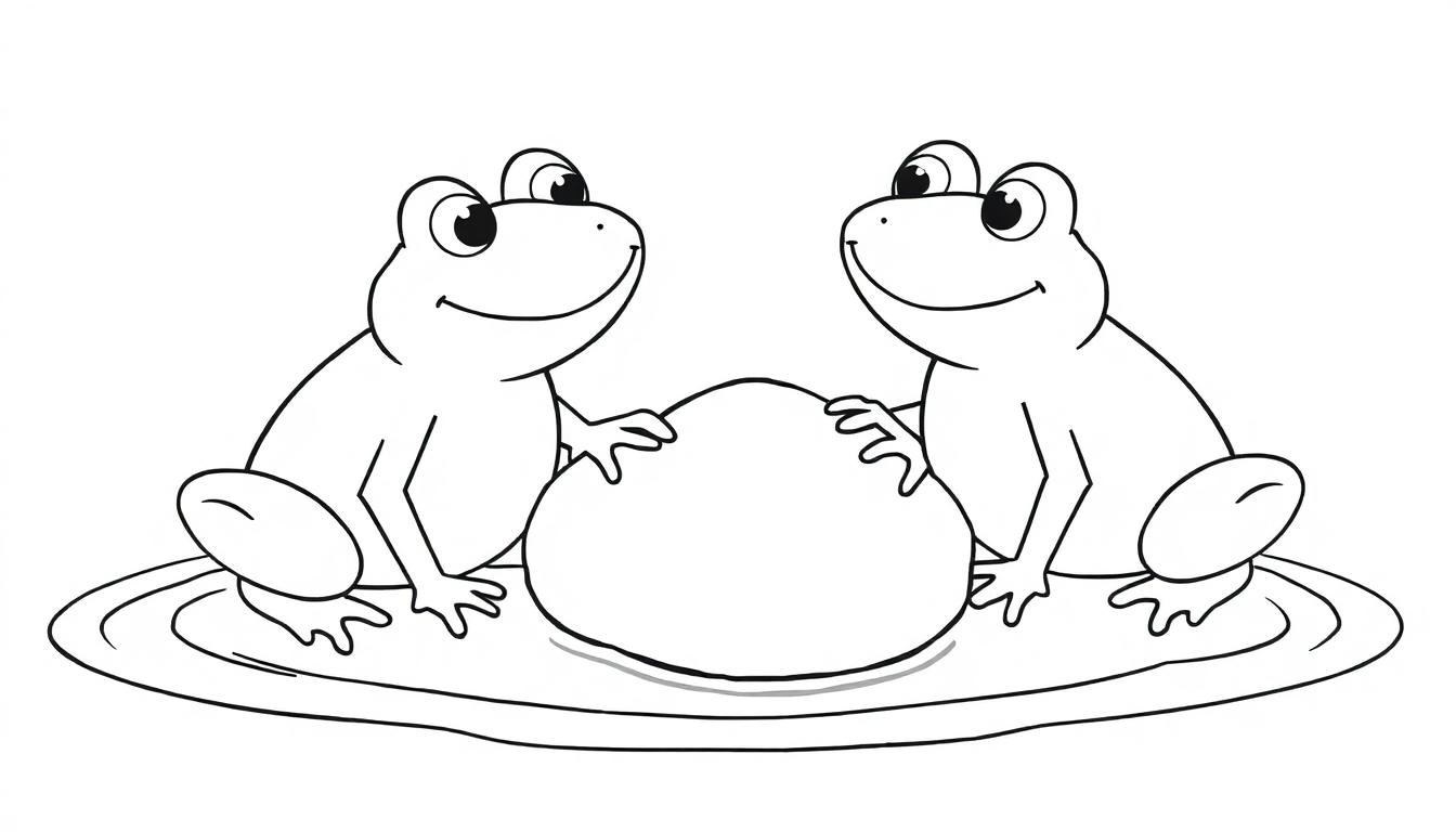 Zwei Cartoon-Frösche halten gemeinsam einen großen, runden Gegenstand auf einem Seerosenblatt.